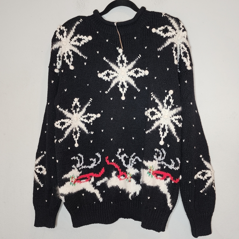 NWT Vintage Lauren Hansen‎ Roll Neck Hand Knitted Snowflake Reindeer Sweater L